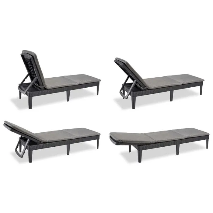 KETER Allibert Chaise Longue Bain de Soleil Jaipur en Résine Imitation Rotin Tressé Gris Graphite, Dossier Réglable 4 Positions avec Coussin (187 x 58 cm)