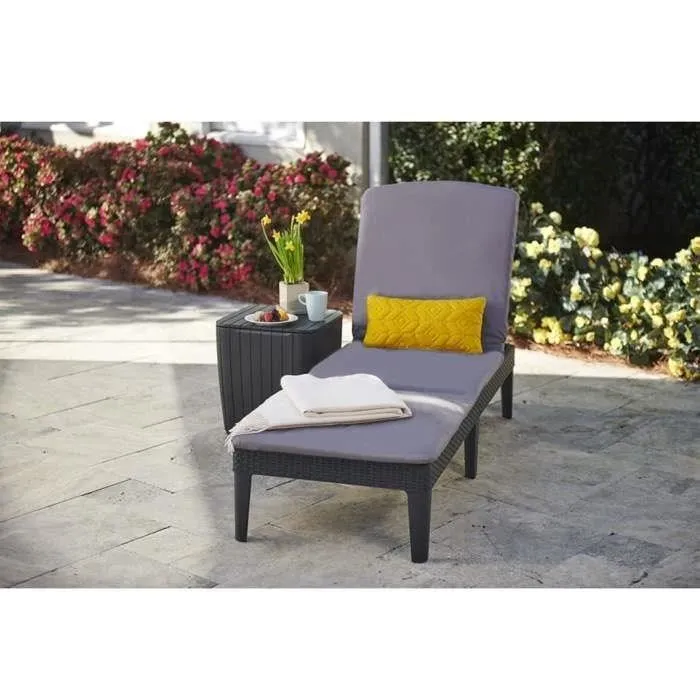 KETER Allibert Chaise Longue Bain de Soleil Jaipur en Résine Imitation Rotin Tressé Gris Graphite, Dossier Réglable 4 Positions avec Coussin (187 x 58 cm)
