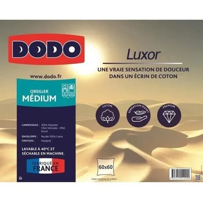 Dodo Oreiller Luxor 60x60 cm - Enveloppe 100% Coton Percale, Garnissage 100% Polyester à Effet Duvet - Confort Moyen - Certifié Oeko-Tex Standard 100