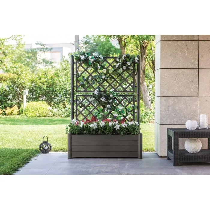Stefanplast Jardinière rectangulaire avec treillis Italia Flower Box, effet bois moka 100x43x142 cm, 80 litres