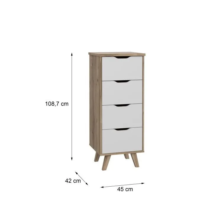 VANKKA Chiffonnier 4 tiroirs VANKKA - Décor chêne et blanc - Style scandinave - L 45 x P 42 x H 108 cm