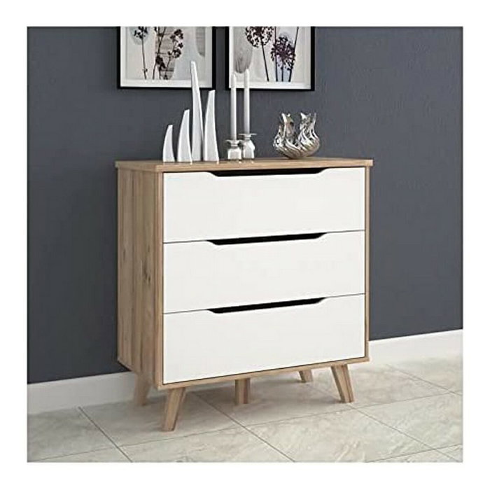 Commode VANKKA 3 Tiroirs - Chêne et Blanc Commode VANKKA 3 Tiroirs - Chêne et Blanc