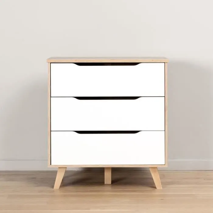 VANKKA Commode scandinave 3 tiroirs 80 cm - Décor chêne et façades blanc mat - Pieds en bois massif - Fabrication européenne