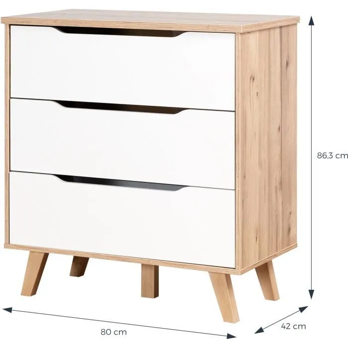 VANKKA Commode scandinave 3 tiroirs 80 cm - Décor chêne et façades blanc mat - Pieds en bois massif - Fabrication européenne