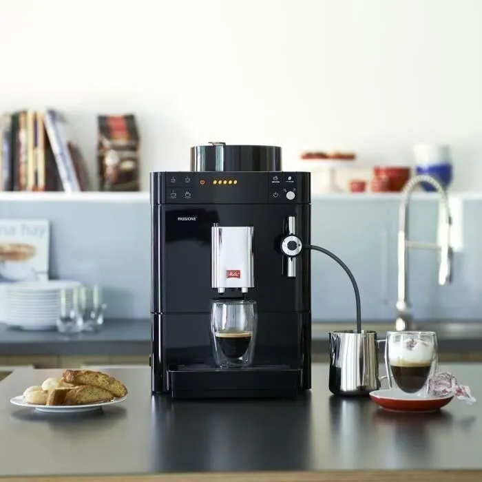 Melitta Passione Machine à café à grains avec broyeur, extraction A.E.S., préparation jusqu'à 3 boissons, mousseur lait, programme de nettoyage, Noir