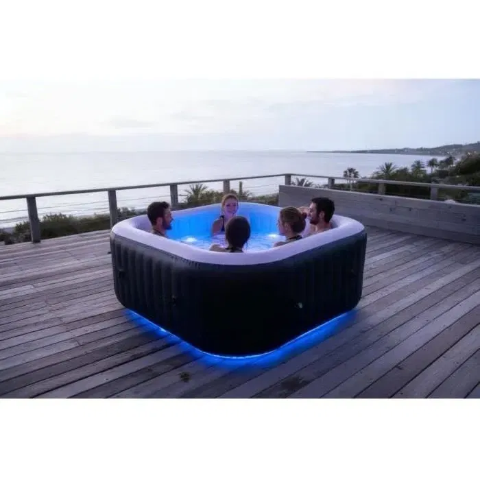 SunSpa AC02-LED - Spa gonflable carré 6 places avec bandeau LED, 130 micro-jets, température jusqu'à 40°C, 185 x 65 cm - Inclus filtre et accessoires SunSpa AC02-LED - Spa gonflable carré 6 places avec bandeau LED, 130 micro-jets, température jusqu'à 40°C, 185 x 65 cm - Inclus filtre et accessoires