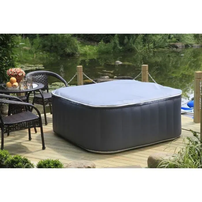 Sunspa Spa gonflable carré 4 places AC01-LED avec bandeau LED, 130 micro-jets, chauffe à 40°C - 157 x 67 cm - Livré avec filtre, cadenas, tapis et couverture