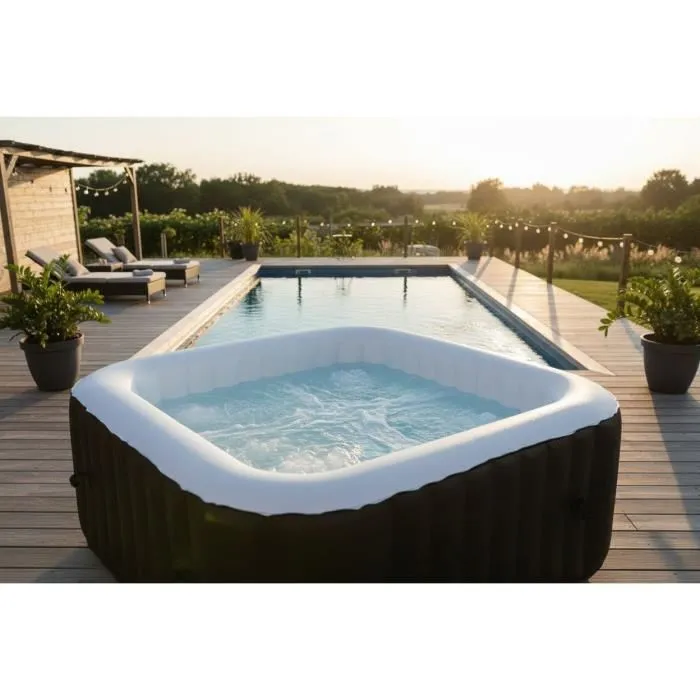 SunSpa Spa gonflable AC02 - 185 x 65 cm - Carré 6 places avec 130 micro-jets, chauffage jusqu'à 40°C, filtre, tapis et couverture