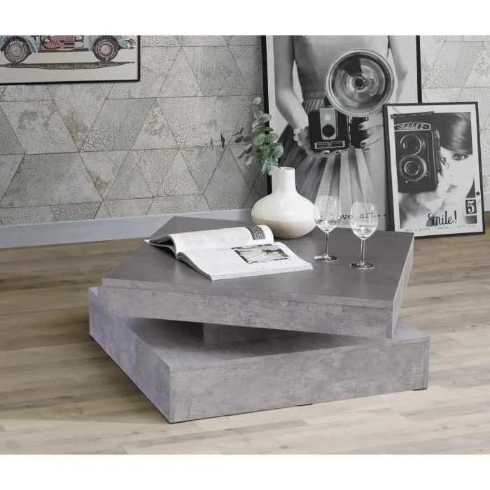 Coffee Table Basse Pivotante COFFEE en Panneau de Particules - Décor Béton Gris Clair - 2 Plateaux, 78x78 cm (91x91 cm pivotés) - Salon Classique et Intemporel