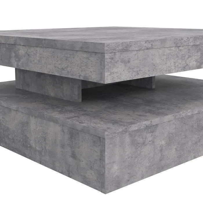 Coffee Table Basse Pivotante COFFEE en Panneau de Particules - Décor Béton Gris Clair - 2 Plateaux, 78x78 cm (91x91 cm pivotés) - Salon Classique et Intemporel