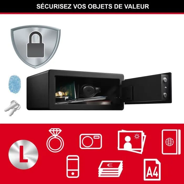 Master Lock LX110BEURHRO Coffre-fort biométrique de sécurité, noir, 19,5 x 43 x 37 cm pour bijoux, documents, objets de valeur
