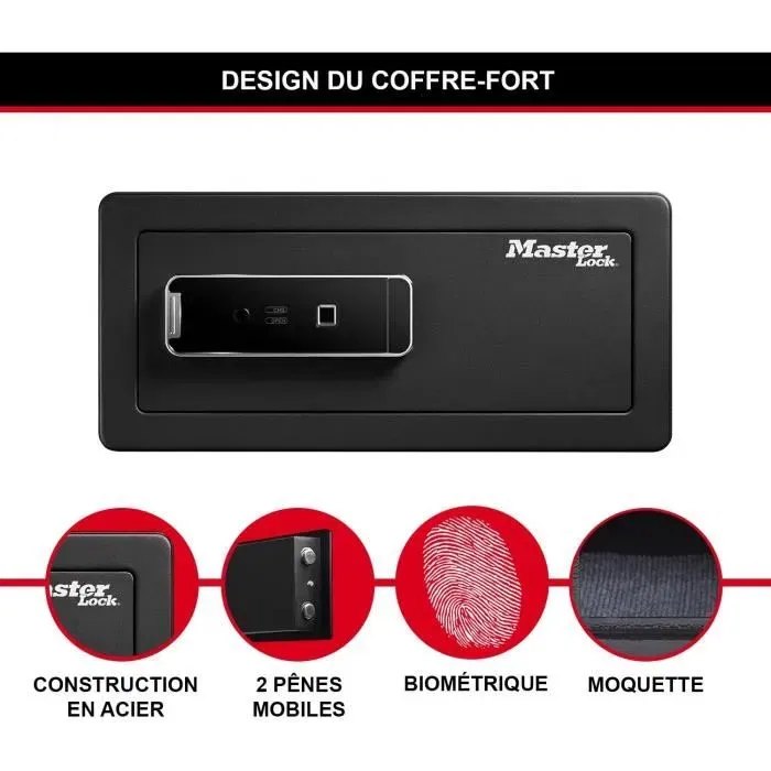 Master Lock LX110BEURHRO Coffre-fort biométrique de sécurité, noir, 19,5 x 43 x 37 cm pour bijoux, documents, objets de valeur