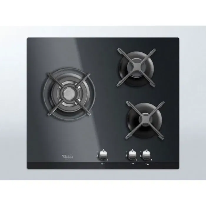 Whirlpool AKT404NB - Table de cuisson gaz à vitrocéramique noire - 3 foyers avec allumage une main - 6350W - Dimensions 59 x 51 cm