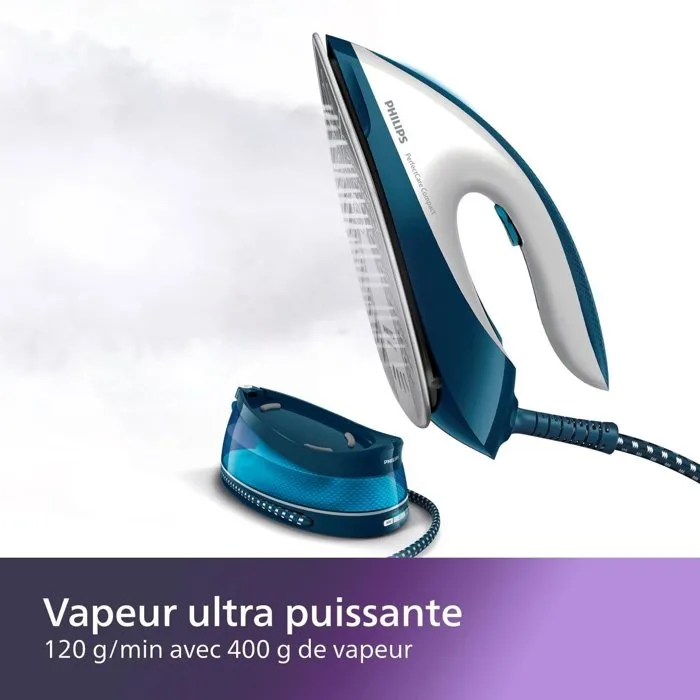 Philips PerfectCare Compact GC7840/20 Centrale Vapeur, 6.5 bars, Débit vapeur 120 g/min, Fonction pressing 400 g/min, Réservoir 1.5 L, Bleu et Blanc