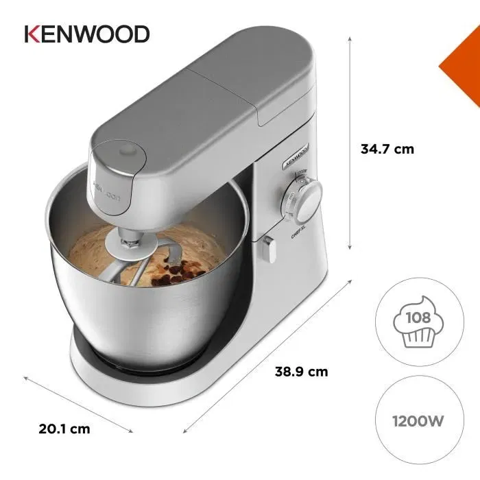 Kenwood Chef XL Robot Pâtissier KVL4110S - Mouvement Planétaire, Bol Inox 6,7 L, 1200W, Blender Inclus, Silver