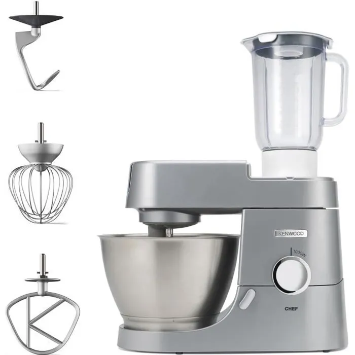 Robot pâtissier Kenwood Chef KVC3110S Argent, 1000 W, kit pâtissier et blender en métal inclus - Format compact Robot pâtissier Kenwood Chef KVC3110S Argent, 1000 W, kit pâtissier et blender en métal inclus - Format compact