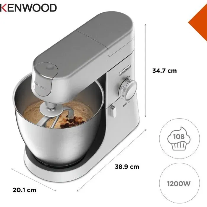 Robot Patissier Multifonction Kenwood Chef XL KVL4170S, 1200W, Bol 6.7L avec Blender et Hachoir Metal, Coloris Argent