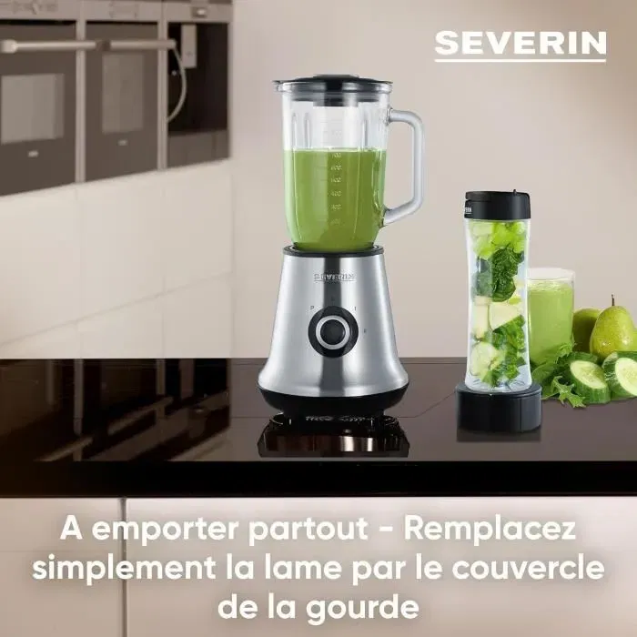 Severin SM3737 Blender 2 en 1 Multifonction - Mixeur et Blender à Smoothie 500W - Bol en Verre 1 L avec Bouteille 600 ml Inclus