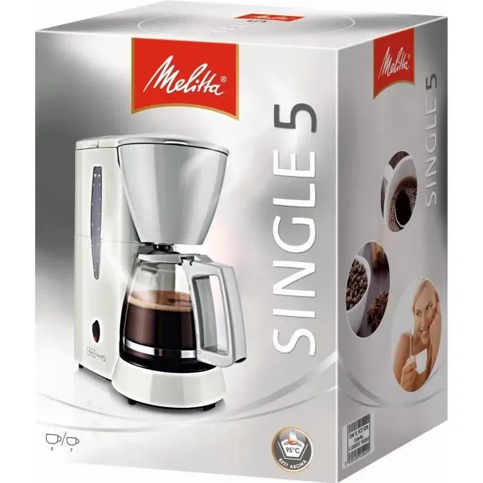 Melitta Cafetière Filtre Single 5 M720-1/1 Blanc - 8 Tasses 650W avec Verseuse en Verre et Porte-Filtre Amovible Melitta Cafetière Filtre Single 5 M720-1/1 Blanc - 8 Tasses 650W avec Verseuse en Verre et Porte-Filtre Amovible