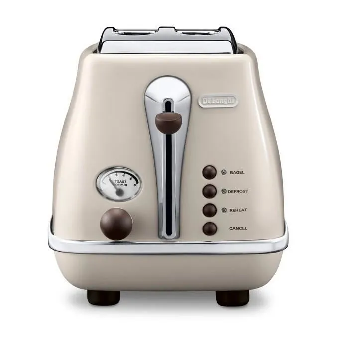Delonghi Grille-Pain Icona Vintage 2 Tranches 900 W - 6 Positions de Brunissage, Fonction Décongélation et Réchauffe - Beige Brillant / Base et Poignée Chocolat