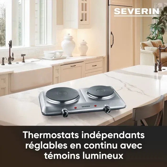 Severin K1014 Plaque de cuisson posable 2 foyers en fonte 2500W, Diametre 15 et 18 cm, Thermostat ajustable