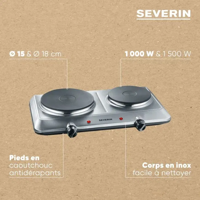 Severin K1014 Plaque de cuisson posable 2 foyers en fonte 2500W, Diametre 15 et 18 cm, Thermostat ajustable