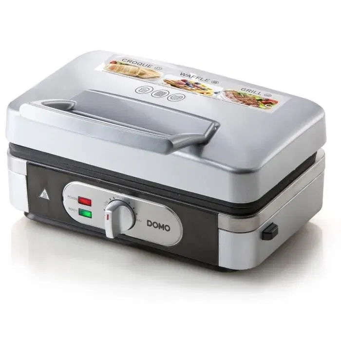 Domo DO9136C Gaufrier Multifonction Inox 1000W avec 3 Jeux de Plaques pour Croques, Gaufres et Grillades