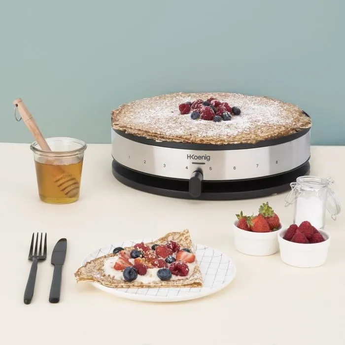 HKoenig KREP29 Crêpière électrique 33 cm, revêtement anti-adhésif, thermostat 230°C, 1300W, bandeau inox, pour crêpes salées ou sucrées