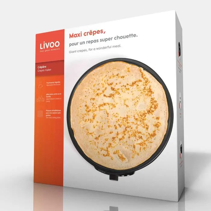 Livoo DOP196 Crêpière électrique antiadhésive 30 cm 1000 W avec thermostat réglable - Noir