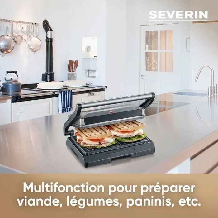 Severin KG2394 - Grill électrique 800W, Plaques antiadhésives, Surface cuisson 23 x 14.5 cm, pour viandes, paninis, légumes, Design compact