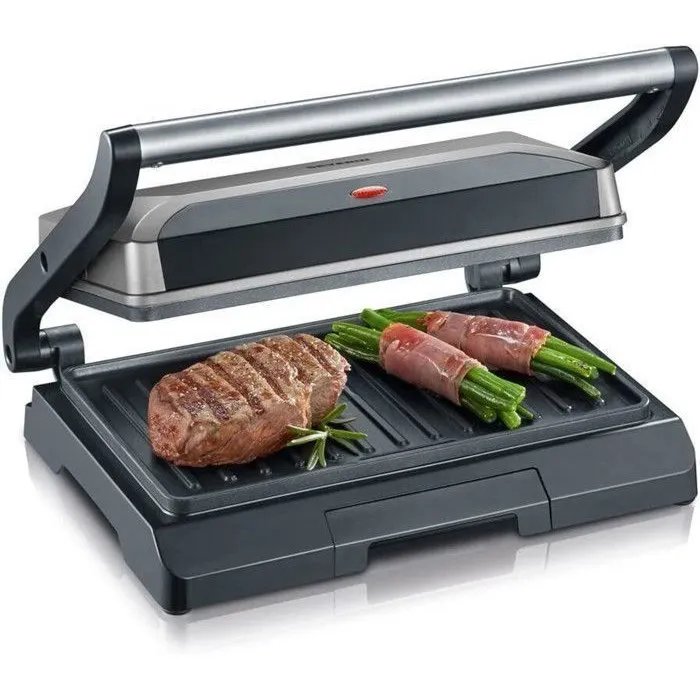 Severin KG2394 - Grill électrique 800W, Plaques antiadhésives, Surface cuisson 23 x 14.5 cm, pour viandes, paninis, légumes, Design compact