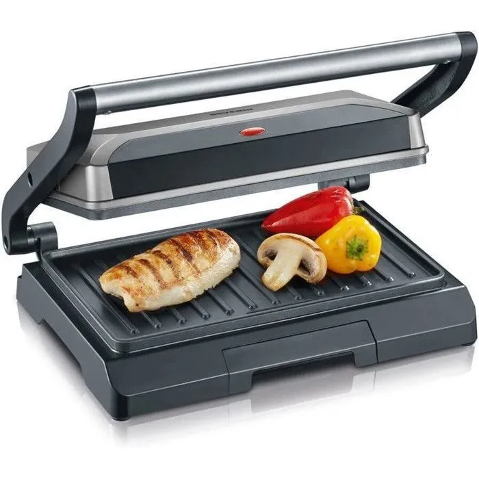Severin KG2394 - Grill électrique 800W, Plaques antiadhésives, Surface cuisson 23 x 14.5 cm, pour viandes, paninis, légumes, Design compact