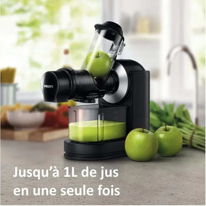 Philips HR1889/70 - Extracteur de jus à extraction lente, cheminée de remplissage XXL 70mm, 150W, capacité 1L, couleur noir, livre de recettes inclus