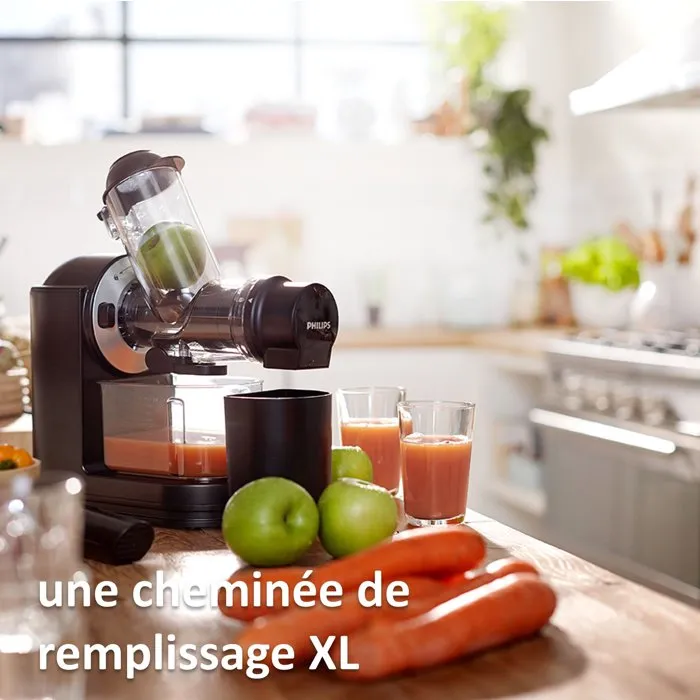 Philips HR1889/70 - Extracteur de jus à extraction lente, cheminée de remplissage XXL 70mm, 150W, capacité 1L, couleur noir, livre de recettes inclus