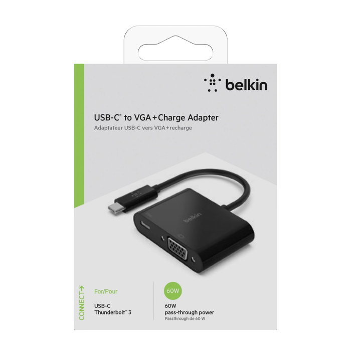 Belkin Adaptateur USB-C vers VGA avec charge Power Delivery 60 W - Noir - AVC001BTBK Belkin Adaptateur USB-C vers VGA avec charge Power Delivery 60 W - Noir - AVC001BTBK