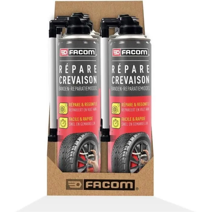 Facom - Aérosol réparateur de crevaison 400 ml, sans démontage du pneu, jusqu'à 195 mm, pour pneus avec ou sans chambre à air, compatible avec gonflage à l'azote