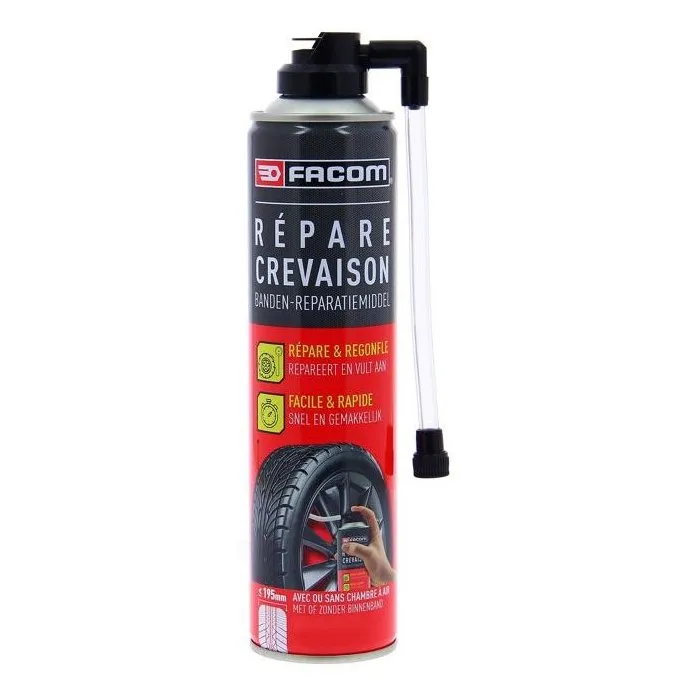 Facom - Aérosol réparateur de crevaison 400 ml, sans démontage du pneu, jusqu'à 195 mm, pour pneus avec ou sans chambre à air, compatible avec gonflage à l'azote