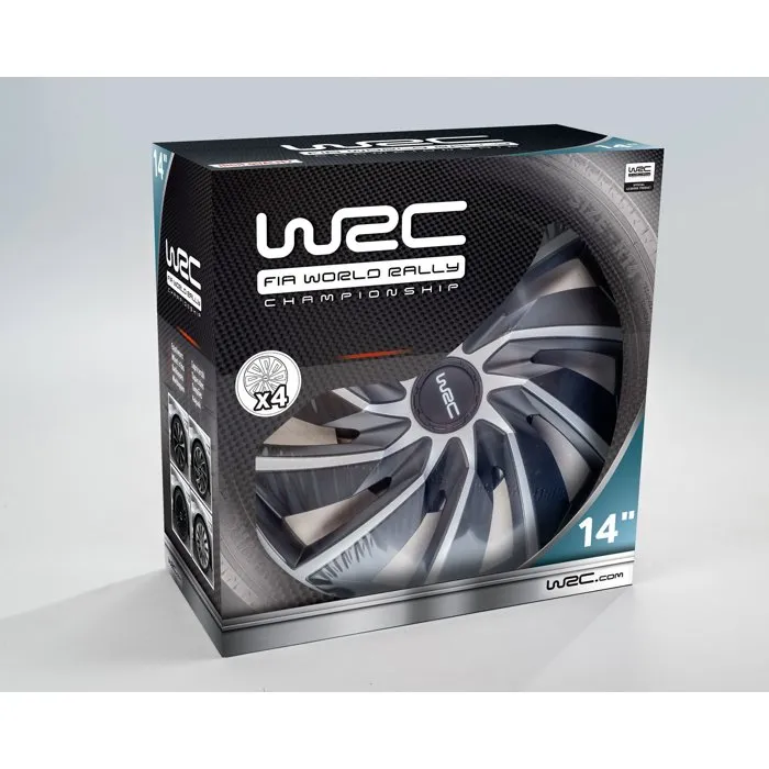 WRC - Lot de 4 enjoliveurs Bi-couleur gris argenté et noir mat 14 pouces, look racing, fixation par clips
