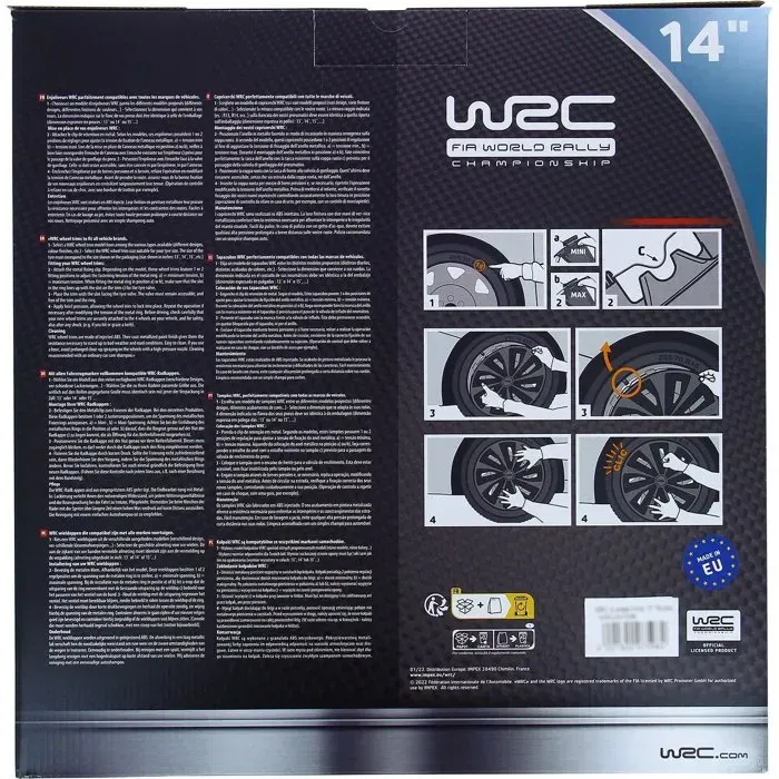 WRC - Lot de 4 enjoliveurs Bi-couleur gris argenté et noir mat 14 pouces, look racing, fixation par clips