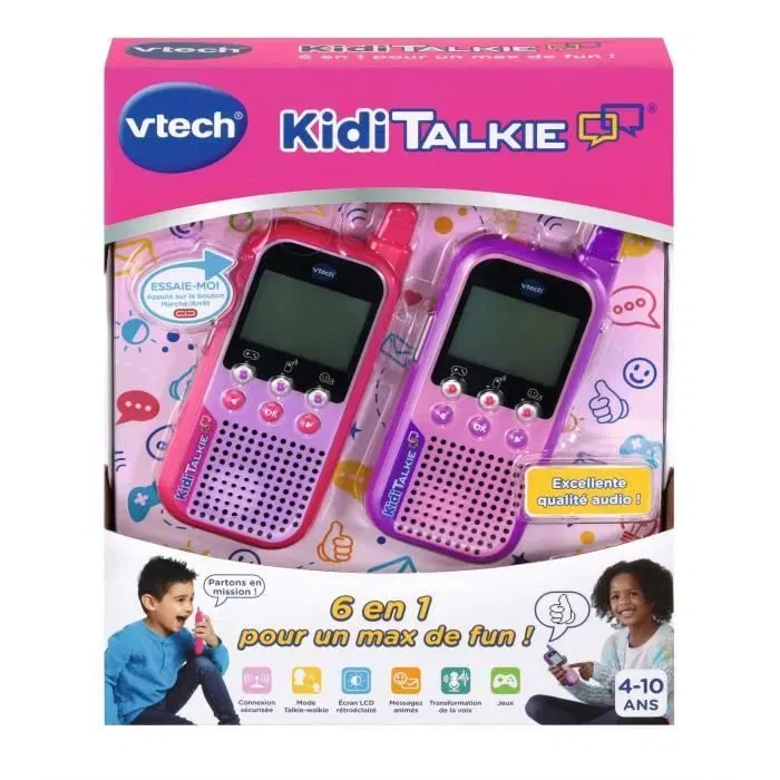 Vtech Kidi Talkie - Talkie-walkie pour enfants 4 à 10 ans - Rose et Violet - Écran LCD rétroéclairé, jeux, transformation de voix - Version française