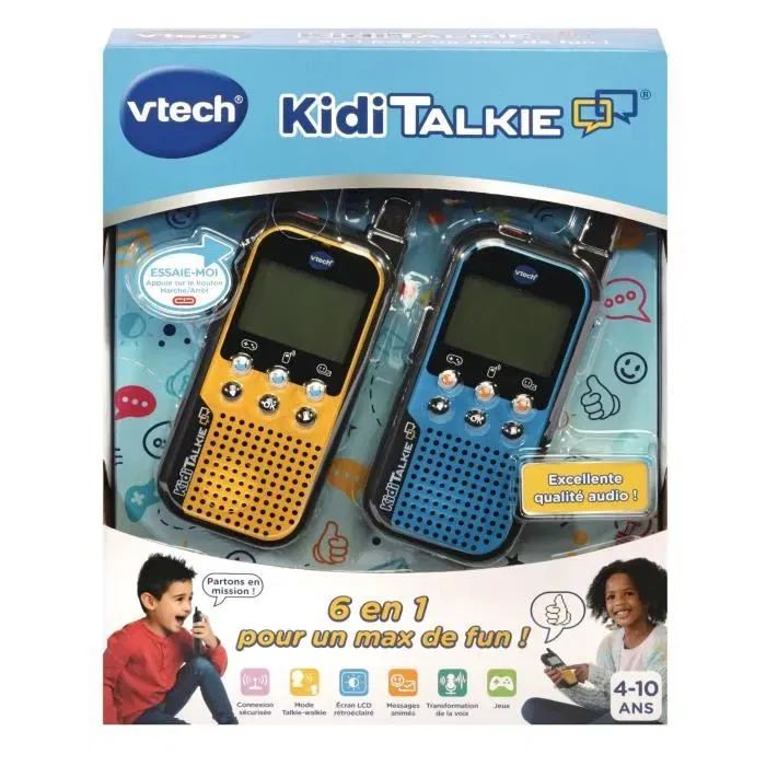 VTECH Talkie-Walkie Kiditronics Kidi Talkie - Version française - Jouet 6 en 1 bleu et jaune pour enfants de 4 à 10 ans - Communication sécurisée jusqu'à 200m
