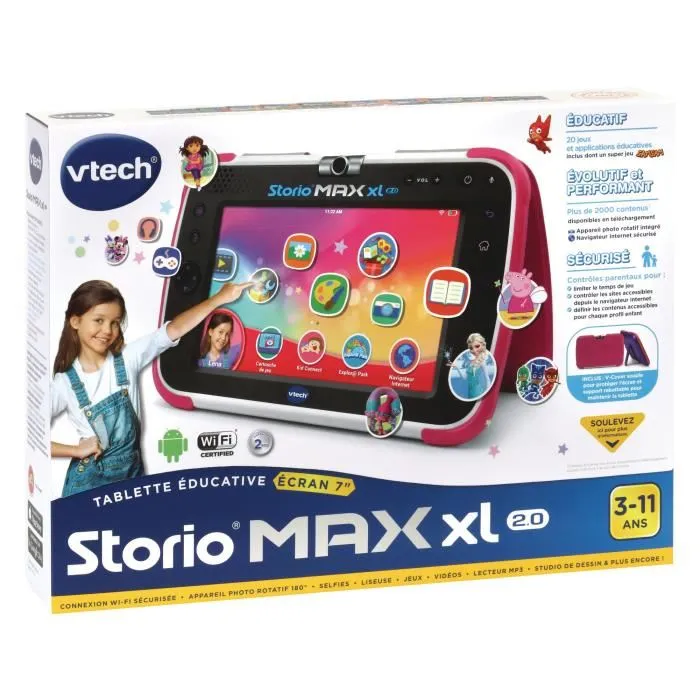 Vtech Storio Max XL 2.0 - Tablette éducative Android 7" rose pour enfants 3-11 ans, écran capacitif HD, 8 Go, applications incluses