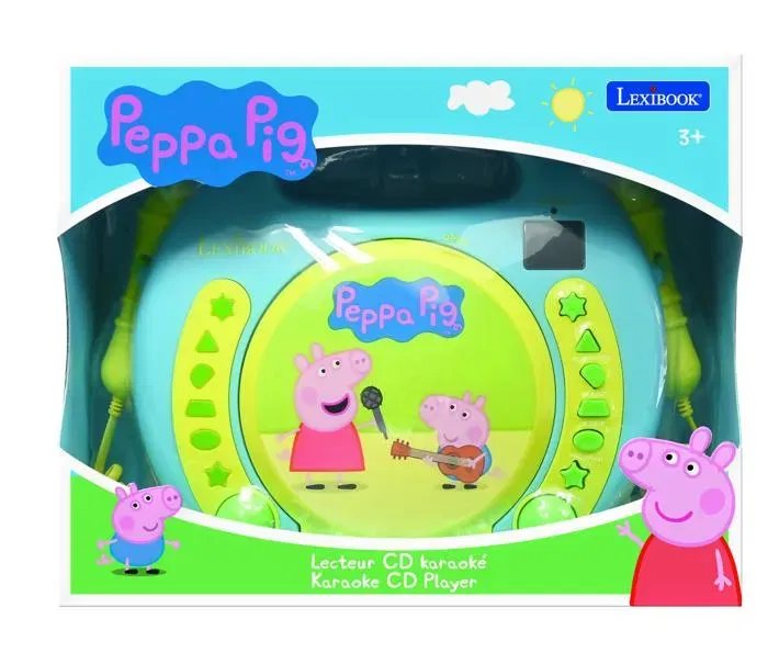 Lexibook Lecteur CD Karaoké Peppa Pig avec 2 Microphones, Programmation, Affichage LED, Prise Casque et Poignée de Transport