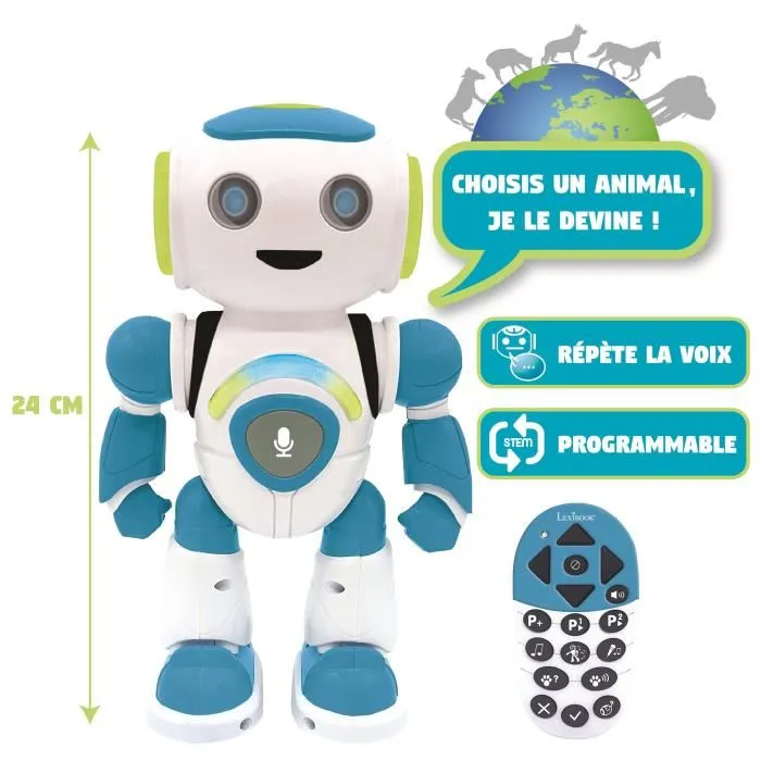 Lexibook Powerman Junior - Robot éducatif intelligent programmable pour enfants, avec télécommande, jeu de devinettes, effets sonores et lumineux, langue française