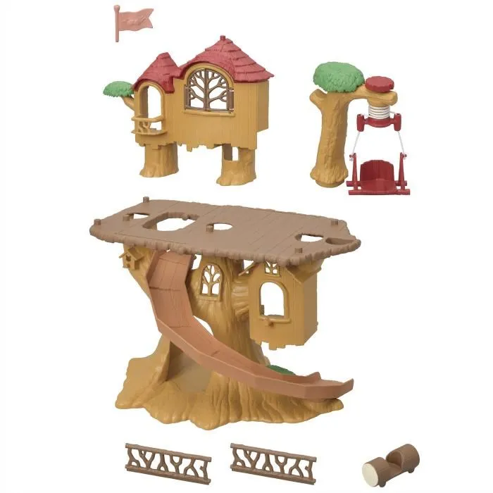 Sylvanian Families - Cabane dans les arbres avec balançoire mécanique et toboggan pour bébés - Jouet de figurines - Maison de jeu 4 pièces et terrasse