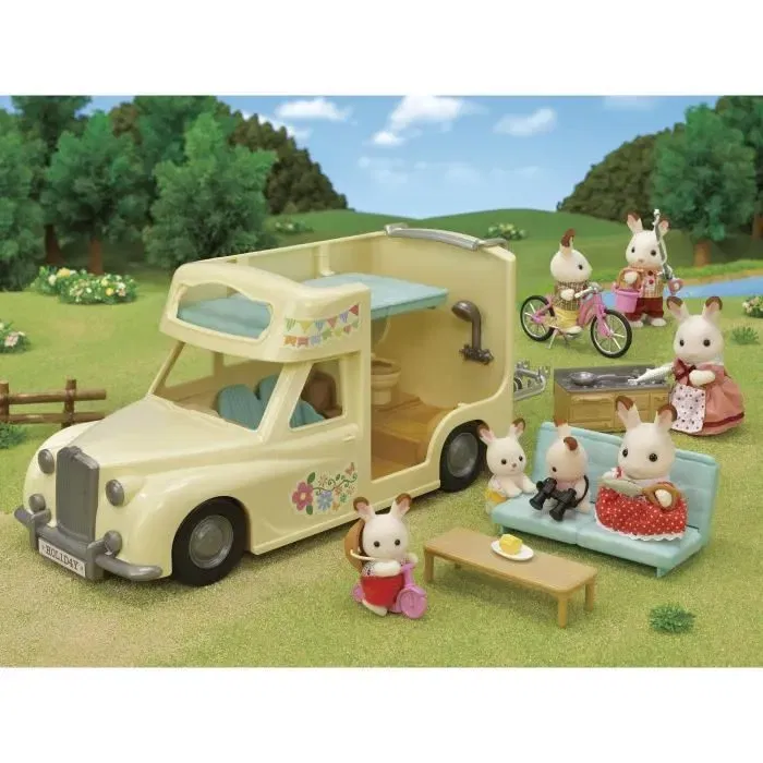 Sylvanian Families 5454 Le Camping Car Les Vacances - Maison de Poupée Véhicule avec Cuisine, Toilettes, Douche et Sièges Convertibles
