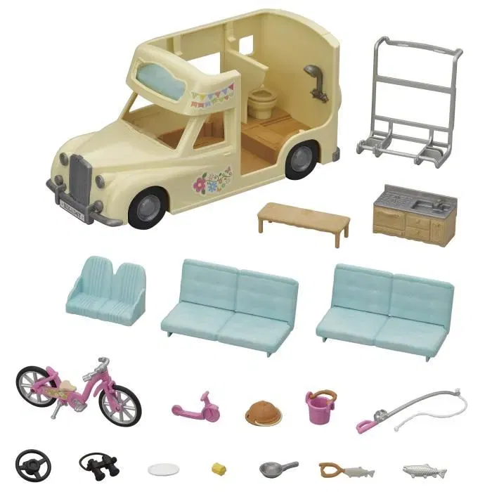 Sylvanian Families 5454 Le Camping Car Les Vacances - Maison de Poupée Véhicule avec Cuisine, Toilettes, Douche et Sièges Convertibles