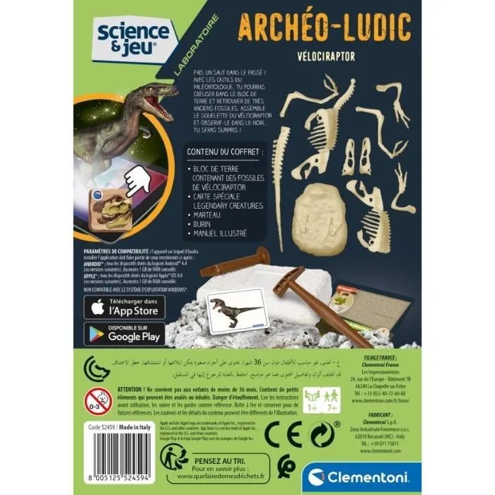 Clementoni Science & Jeu Archéo Ludic - Kit de Fouilles Vélociraptor avec Squelette Lumineux