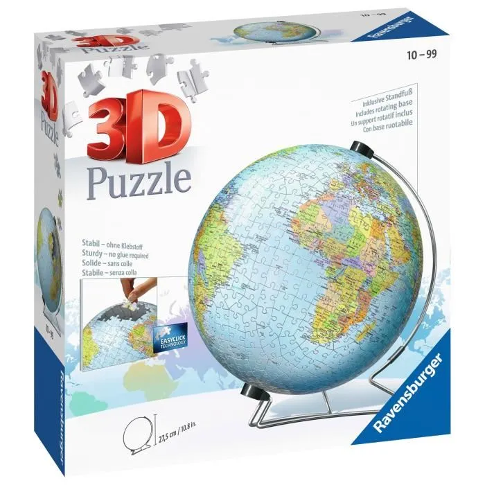 Ravensburger - Puzzle 3D Globe Éducatif 540 Pièces - Assemblage Sans Colle - Pour Enfants et Adultes à Partir de 10 Ans