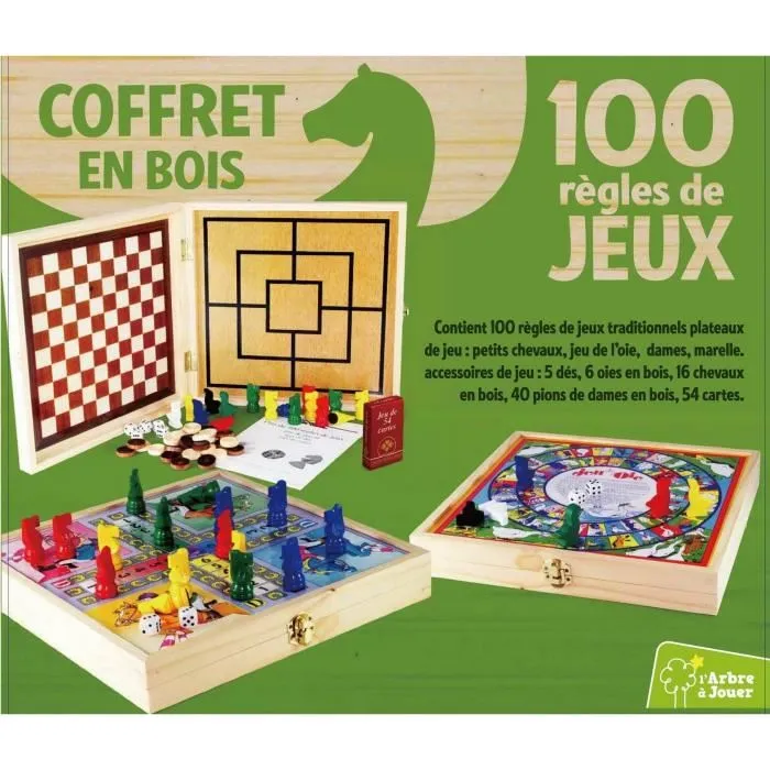 Cartamundi JeuJura Coffret Bois 100 Jeux de Société Traditionnels avec Jeu des Petits Chevaux, Oie, Dames, Marelle et Cartes - 30 x 30 x 5 cm